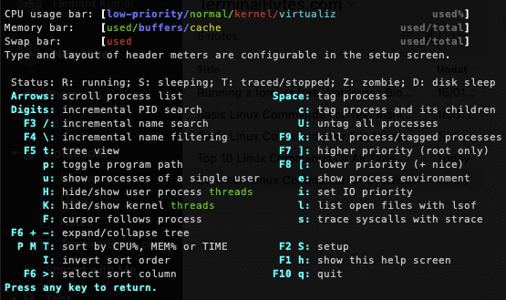 htop command help screen grab | common linux commands