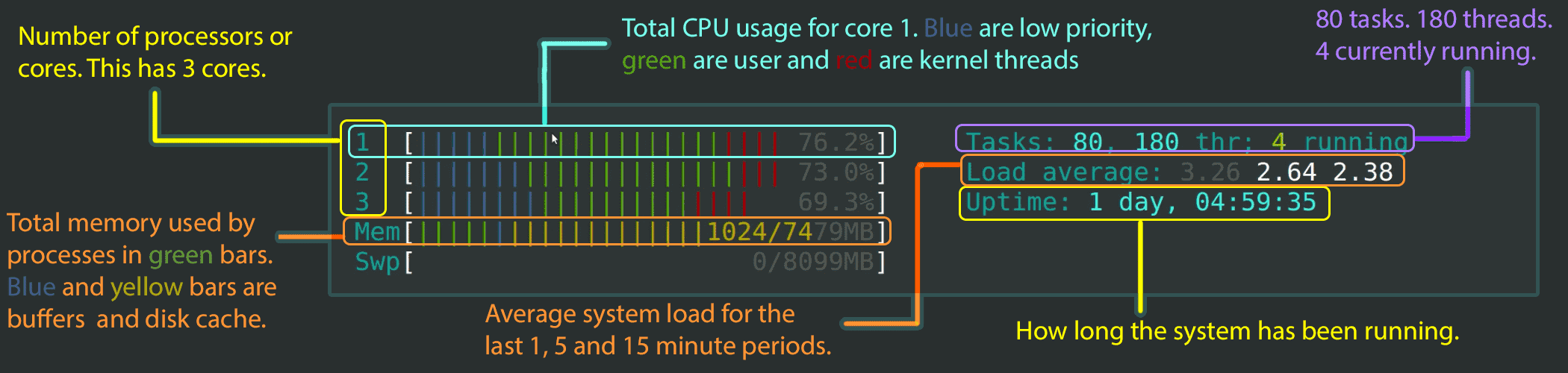 Htop Command Top Section | Common Linux Commands