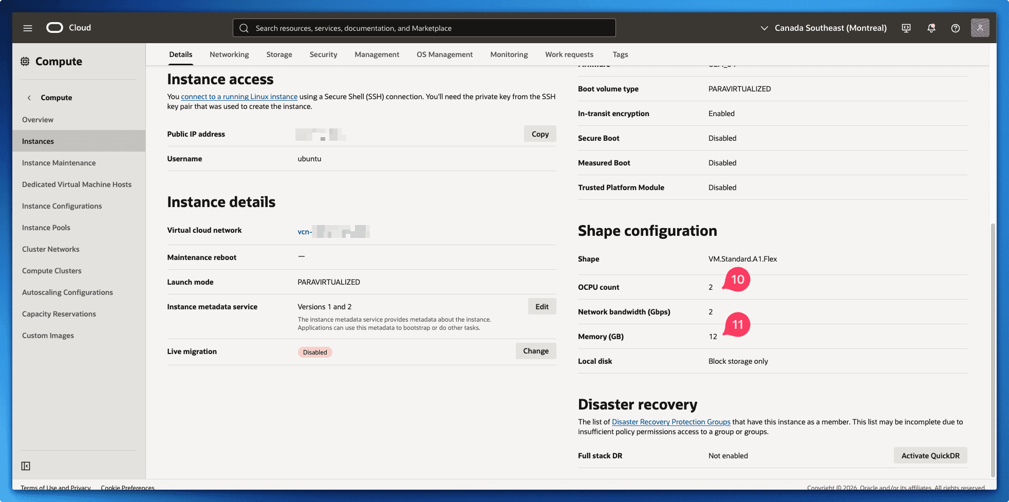 Oracle Cloud instance shape configuration confirming 2 OCPUs and 12 GB of memory after the edit