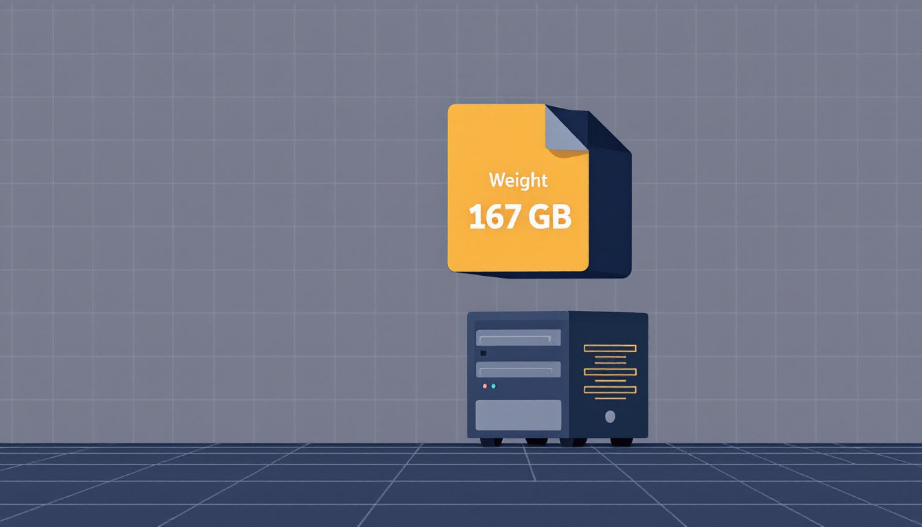DeepSeek V4 Flash weights illustrated as a 167GB monolith being lowered into a small computer