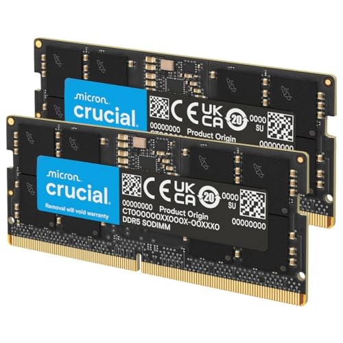 Crucial 64GB DDR5 SODIMM laptop memory kit, two 32GB sticks