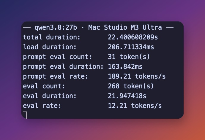 Ollama verbose stats block for qwen3.8 27b on a Mac Studio M3 Ultra showing eval rate and prompt eval rate